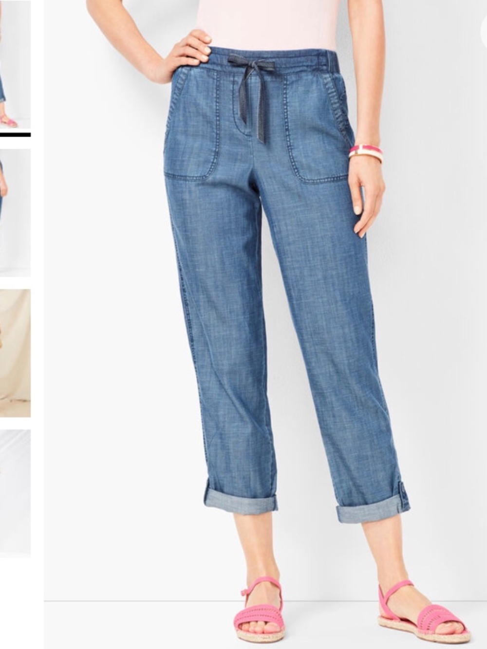Talbot's Sz 8 Signature Roll Tab Hem Denim Pants 4 pockets Drawstring Lyocell